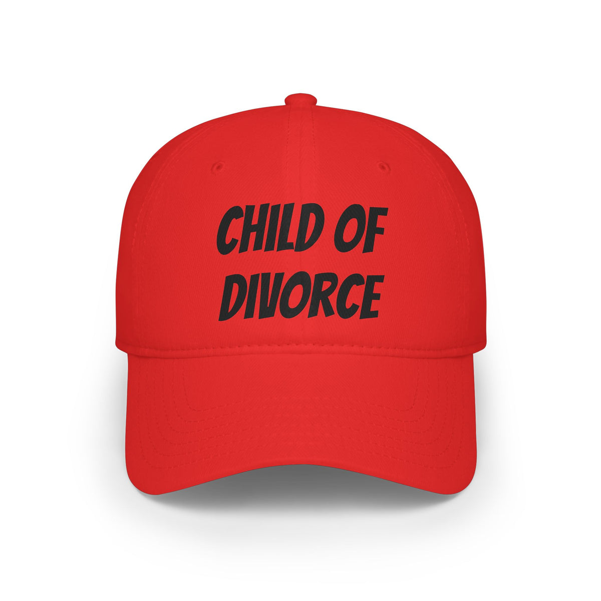 Child of Divorce Baseball Cap — Red Low-Profile Hat with Bold Text